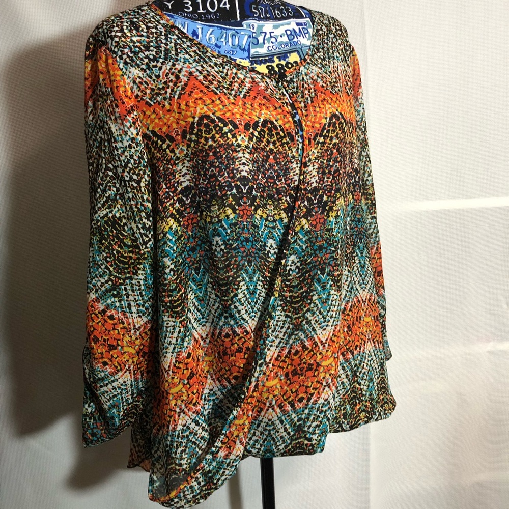 Cato Orange and Blue Asymmetrical Blouse with Long Sleeves